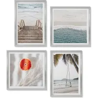 Wallfluent 4-Delige Schilderij Set - Strand met houten trap, vakantiesfeer - 40 x 40 cm en 40 x 60 cm - Stijlvolle Muurdecoratie - Kantoor - Interieur Decoratie