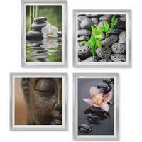 Wallfluent 4-Delige Schilderij Set - Vredige Zen-Compositie Van Stenen Met Bloemen En Boeddha - 40 x 40 cm En 40 x 60 cm - Stijlvolle Wanddecoratie - Interieur - Interieur Decoratie