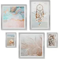 Wallfluent 4-Delige Schilderij Set - Boho-stijl: dromen van strand en natuur in delicate tinten. - 50 x 50 cm, 20 x 30 cm en 40 x 60 cm - Wanddecoratie - Schilderijen Set - Interieur - Muurdecoratie