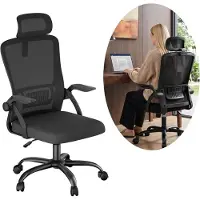 JOIEYOU bureaustoel, ergonomische bureaustoel, gaming stoel met 4D-hoofdsteun en omklapbare armleuningen, bureaustoel met mesh rug, in hoogte verstelbaar, zwart