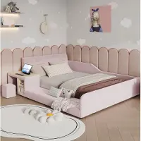 OKWISH Boxspringbed 140x200 met geïntegreerd bureau en krukje, kinderbed met opbergruimte, in roze, zonder matras