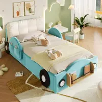 STILVORA Gestoffeerd Bed 90x200cm – Zonder Matras – Hydraulische Opbergruimte Met Zijdetassen En Boekenrek – Kinder En Jeugdkamer – Blauw