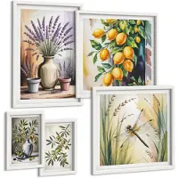 Tulup 4-Delige Schilderij Set - Bloemstukken in rustieke stijl met olijven en citroenen - 50 x 50 cm, 20 x 30 cm en 40 x 60 cm - Muurdecoratie - Wanddecoratie - Hal