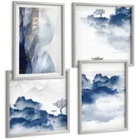 Tulup 4-Delige Schilderij Set - Wolkengebergte met bomen en vogels op de achtergrond - 40 x 40 cm en 40 x 60 cm - Stijlvolle Wanddecoratie - Interieur - Stijlvolle Muurdecoratie