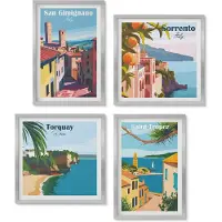 Wallfluent 4-Delige Schilderij Set - Italiaanse stadjes en retro kustlandschappen - 40 x 40 cm en 40 x 60 cm - Moderne Wanddecoratie - Woonkamer