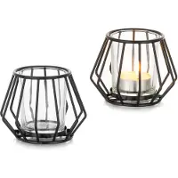 Unyqoos Set van 2 geometrische zwarte metalen theelichthouders voor sfeervolle decoratie