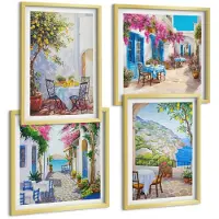 Tulup 4-Delige Schilderij Set - Sfeervolle straatjes met bloeiende planten en uitzicht op zee. - 40 x 40 cm en 40 x 60 cm - Wanddecoratie - Schilderijen Set - Kantoor - Interieur Decoratie