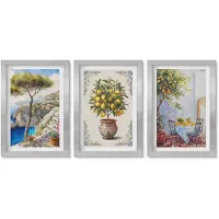 Wallfluent 3-Delige Schilderij Set - Zeezicht Met Citroenboom En Tuintafel - 20 x 30 cm - Stijlvolle Muurdecoratie - Kantoor