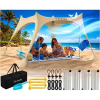 ELONEO Strandtent met Zonnedoek - UV-bescherming UPF 50+, Windscherm, Strandaccessoires & Camping, Crème 228x214x200 cm