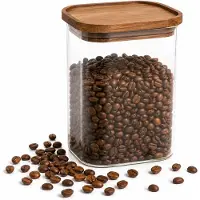 WDMT Glazen Voorraadpot 900 ml – Rechthoekige Bewaarpot met Houten Deksel – Luchtdichte Voorraadbus voor Koffie, Thee, Rijst, Noten en Suiker – Transparant/Bruin