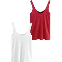 Next - Dames - Set van 2 geribbelde hemdjes met dunne bandjes en lage hals - Rood