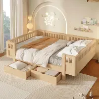 OKWISH Bed 140x200 cm - Hoog Veiligheidshek - Met Twee Opberglades - Kinder- en Jeugdkamer - Hout en MDF - Houtkleur - Zonder Matras