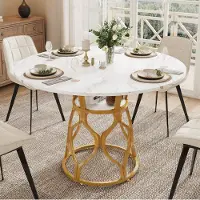 STILVORA Eettafel - Ronde Tafel Met Opbergplank In Marmerlook - Voor Keuken En Eethoek - MDF En Metaal - 100x100x75 Cm - Wit;Goud