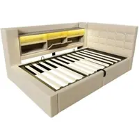 STILVORA Gestoffeerd bed 90x190 cm – Eenpersoonsbed LED & USB-C – Hydraulische Opbergbox L-vormig Hoofdeinde Links/Rechts – Linnen/Walnoot – Beige – Zonder matras