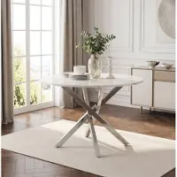 STILVORA Eettafel Rond 80 cm - Marmerlook Blad Met Zilverkleurig X Onderstel - Modern Voor Eetkamer En Keuken - MDF En Metaal - Wit En Zilver