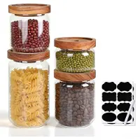 Famanu – Voorraadpotten met houten deksel, luchtdicht, set van 4, 1000 ml/750 ml/500 ml/350 ml, stapelbaar glazen potten voor muesli, granen en snacks
