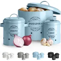 Famanu – Set van 3 Voorraadpotten voor Aardappelen, Uien en Knoflook - Geèmailleerd Metalen Opbergbakken met Ventilatiegaten,Keuken Organizer (Lichtblauw
