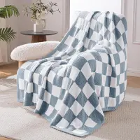 Famanu – Gebreide fleece plaid (130 x 150 cm) in steenblauw, ultra zacht en warm, voor het hele jaar