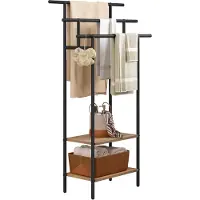 Famanu – Vrijstaand handdoekrek met 3 lagen, ladderdesign met 2 opbergplanken, droogrek en opbergrek met hangers, zwart metaal en houteffect
