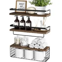 Famanu – Wandrek van hout met draadmand, set van 3 zwevende planken, donkerbruin, ideaal voor decoratie en opslag