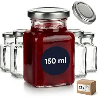 Famanu – Set van 12 vierkante weckpotten van 150 ml met zilveren schroefdeksels, kleine voorraadpotten voor het bewaren van voedsel