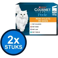 Gourmet 2x - Perle Mini Filets Kalkoen, Eend, Tonijn & Lam in Saus - Kattenvoer Natvoer - 40x85g