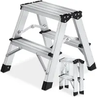 TecTake Dubbelzijdige Aluminium Keukentrap - 2 Treden - 38,5 cm - Stevige Trap Ladder - Opklapbaar Opstapje - Antislip Huishoudtrap