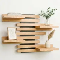 Famanu – Wandplank van massief hout, modulair zwevend wandrek in latten design, decoratieve plank voor woonkamer, keuken, badkamer