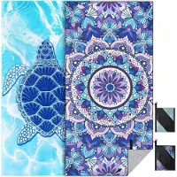 Famanu – XXL strandhanddoek 180 x 90 cm, sneldrogend microvezel, zandvrij, stranddeken voor dames met schildpad en hemelsblauwe bladeren