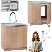 Stamar - Keukenkast 80cm - Onderkast met Spoelbak met één compartiment + sifon + kraan - Eik Sonoma