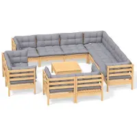 vidaXL 12-delige loungeset voor de tuin met grijze kussens, gemaakt van massief grenenhout
