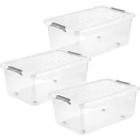 Keeeper 3 stuks Leo -opslagcontainers met deksel, inhoud 37 liter, transparant, met wielen. Deksel met clipsluiting
