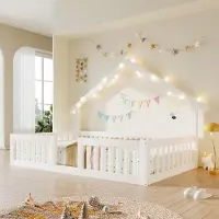 Kein Hersteller Bed met geïntegreerd bedbank, 90x200 cm, met valbeveiliging, LED-lichtketting, grondbed, veiligheidshekken (wit)