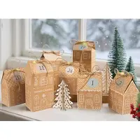 Ruby Adventskalender om zelf te vullen, met 24 huisjes van speculaas, dozen, knutselmateriaal, LED-lichtketting, jutesnoer, cijferstickers en kraftpapier, in 2 verschillende maten