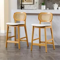 Sonstiges Barstoelen, set van 2, hout, Polyurethanleer, rieten rugleuning, wit, 67 cm zithoogte