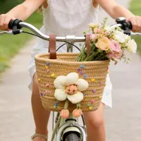 OEM Gevlochten Fietsmandje - Katoen-look - Voor Stuur van Kinderfiets, Loopfiets & Step - Leuke Accessoires - 19.5 cm Hoog - Wit met gekleurde stippen