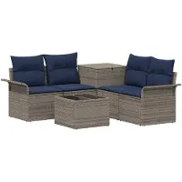 vidaXL Bankstel 6 st 4-zits Grijs en Marineblauw Poly Rattan en Staal