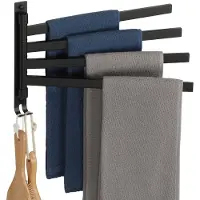 Famanu – Zwarte handdoekrail met haken, 180° rotatie handdoekhouder met 4 armen, 40 cm handdoekenrek van roestvrij staal voor keuken en badkamer