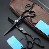 Markenlos Professionele Japanse kappersschaar van 440C-staal, 6 inch, zwart, geschikt voor het knippen en dunner maken van haar