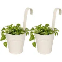 Pro Garden Progarden Bloempotje met haak - 2x - plantenbak zink met ophanghaak - wit - 20 x 13 x 26 cm - ophangbaar - Balkon/schutting plantenpot