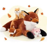 Sonstiges Knuffelset: Grote vos (XXL, 55 cm) met 3 kleine vosjes in donkerbruin-wit, 4 stuks