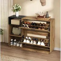 HAUSS SPOLE Schoenenkast Met 3 Open Vakken En 2 Klepvakken Voor 12 Paar Schoenen Houtlook Zwart 120 X 32 X 84,5 Cm