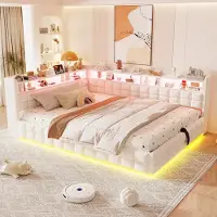 HAUSS SPOLE Slaapbank 140x200cm - Tweepersoonsbed Met Opbergruimte En Ledverlichting - Met Usb En Type C Oplaadpunten - Velours - Beige - Zonder Matras