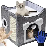 Famanu kattenhuis met terras - Pluizige speelbal en krabplank - Lichtgrijs