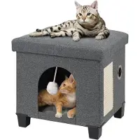 Famanu Kattenkubus - multifunctioneel huis met krabplank en speeltje - grijs