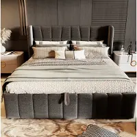 OKWISH Gestoffeerd Bed 180x200 cm - Tweepersoonsbed met Lattenbodem en Opbergruimte - Hefmechanisme - Stof en Metaal - Zonder Matras - Grijs