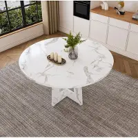 OKWISH eettafel van rundleer met imitatiemarmer in wit, geschikt voor 4 personen, met een eenvoudig design. Keukentafel voor keuken of eetkamer