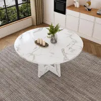 OKWISH Eettafel – Ronde Tafel Met Witte Marmerlook – 120 cm Diameter, 76 cm Hoog – Voor Eetkamer, Keuken En Woonkamer – MDF Wit