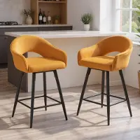 Sonstiges Barstoelen, set van 2, 360° draaibaar, fluweel, geel, met rugleuning en metalen poten