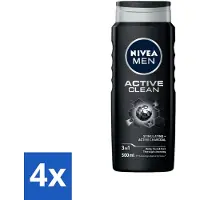 Nivea 4 x MEN - Douchegel - Active Clean - 500 ml - Douchegel Mannen - Actief Houtskool - Reinigende Douchegel - Lichaam Reinigen - Gezicht Reinigen